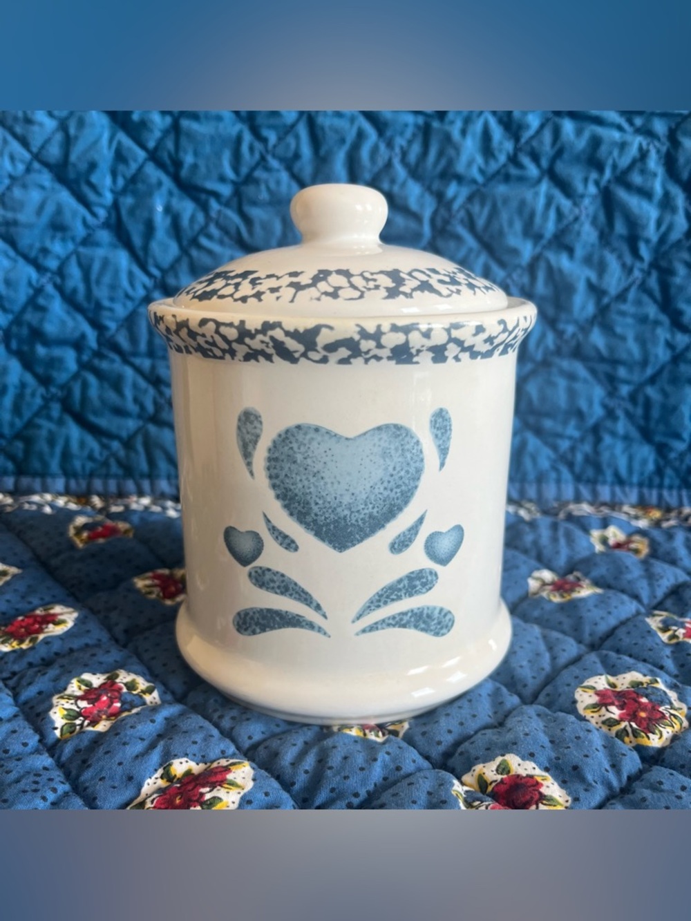 Corelle/Jay Imports "Blue Heart" Stoneware Canister 5" Tall | Blue Sponge Hearts